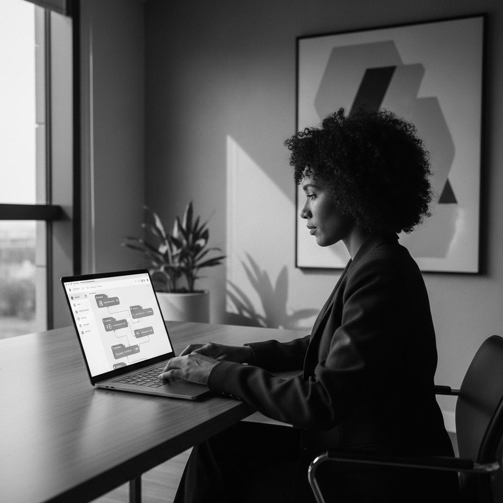 Profissional negra construindo fluxo low-code em laptop