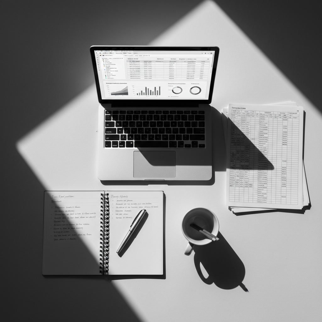 Mesa de trabalho com laptop, planilhas e caderno — operação comercial organizada