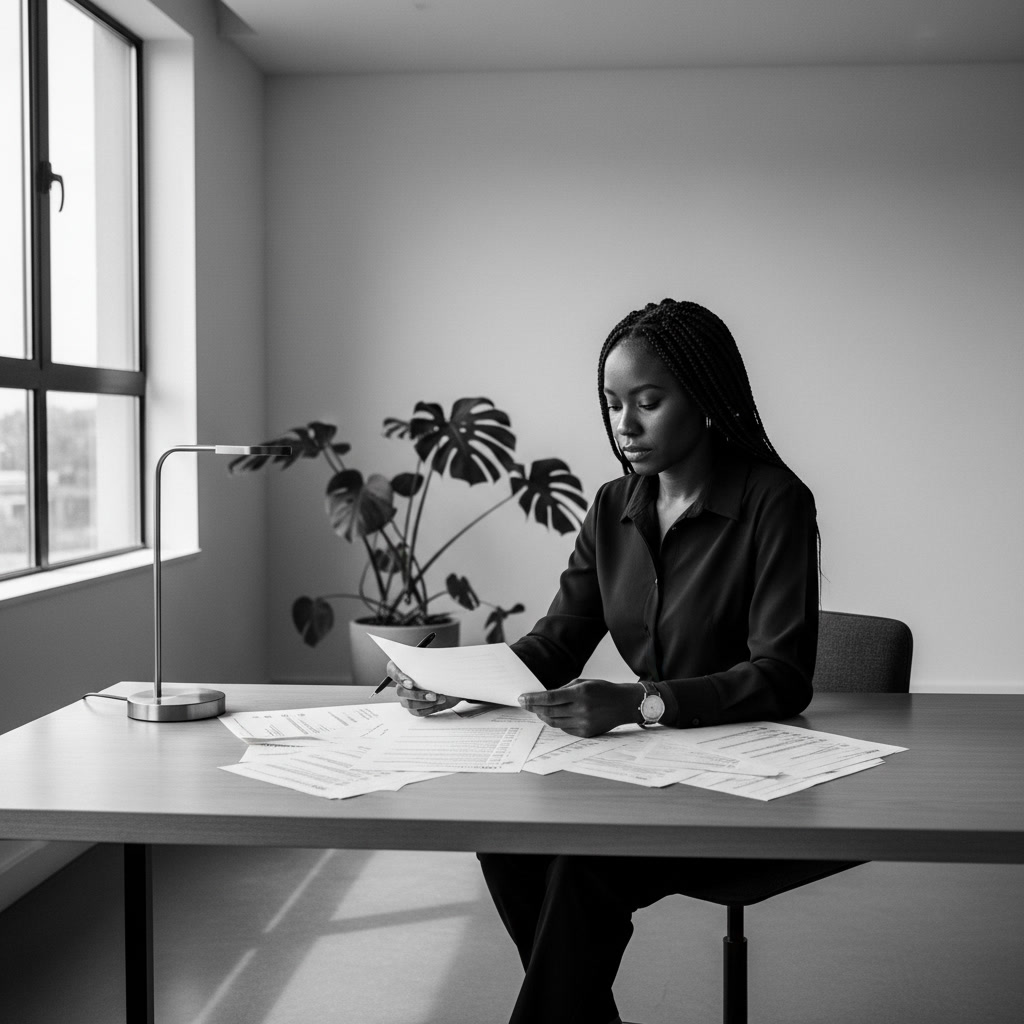 Profissional negra em escritório minimalista revisando documentos editoriais